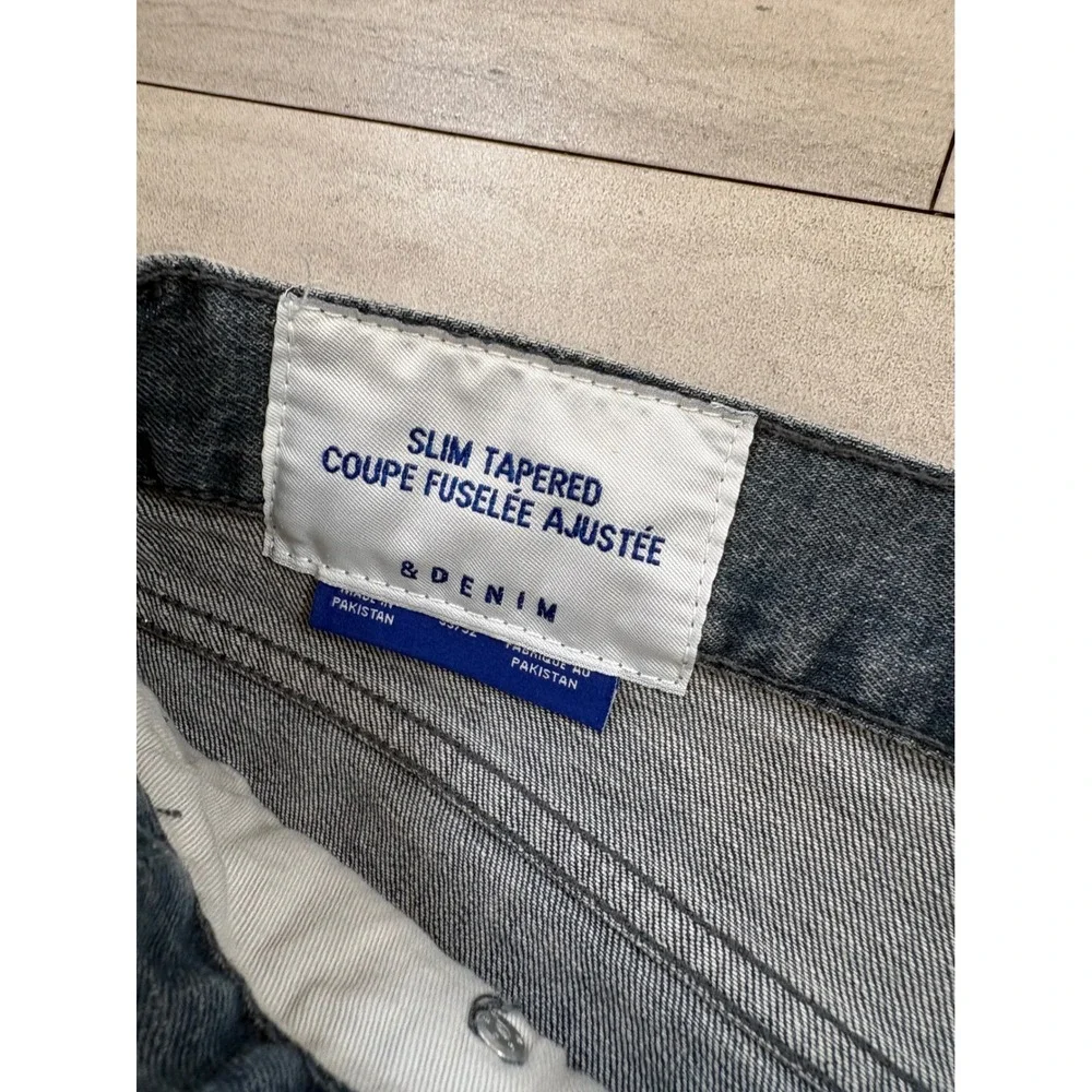 HM Mens Slim Tapered Jeans Gray Blue Denim 33x32 Cotton Blend Stretch 0974597 4